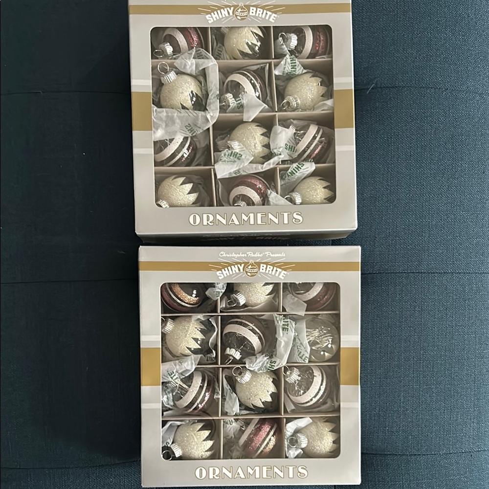 NWT 2 boxes Shiny Brite by Radko Christmas ornaments, 24 ornaments, 2” glitter